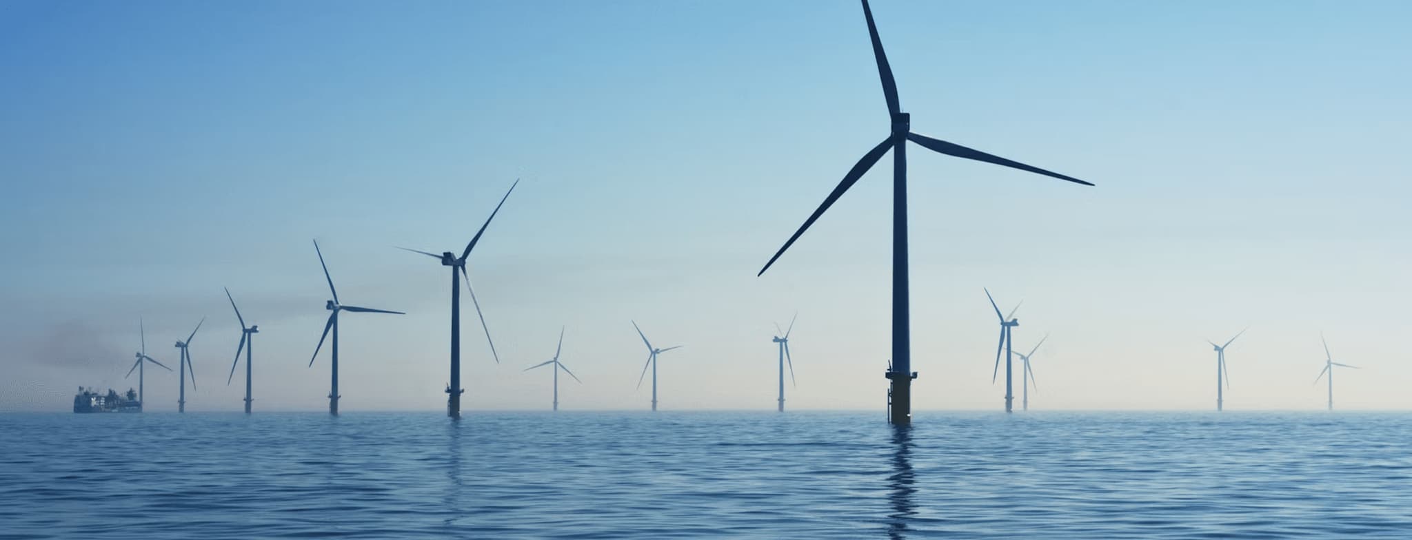 Offshore wind turbines generating renewable energy in a calm blue sea