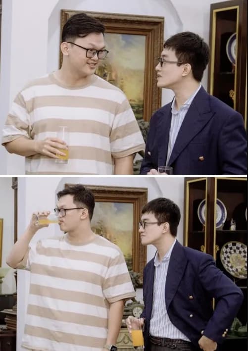 Two businessmen in suits chatting and discussing goals indoors, modern office teamwork scene